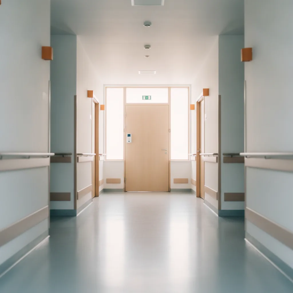 Heller Stationsflur einer Klinik mit Rufanlagen-Terminal, neutraler Kontext Gesundheit und Pflege