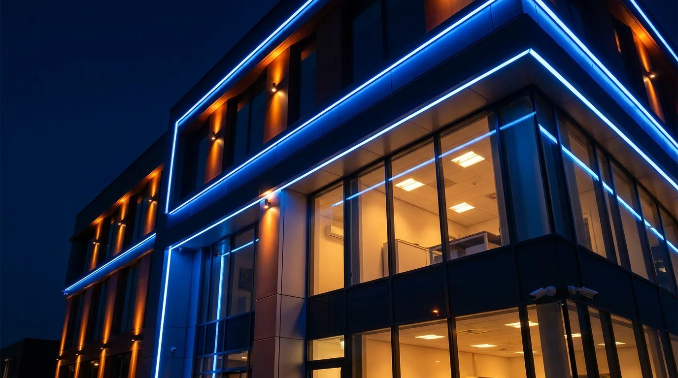 Beleuchtete Fassade eines modernen Bürogebäudes bei Nacht, Objektfotografie Bildfunk